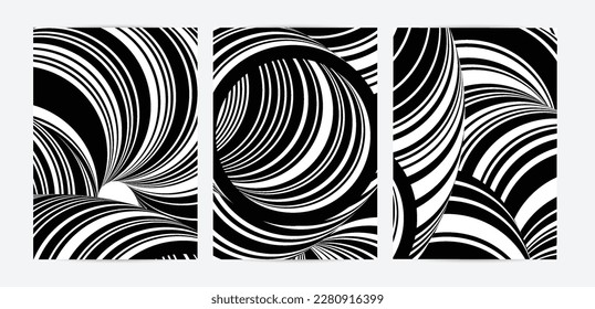 Black and white high contrast striped swirly flyer template. Abstract 3D computer modeled tube warping shape. Science geometry. Futuristic wave. 