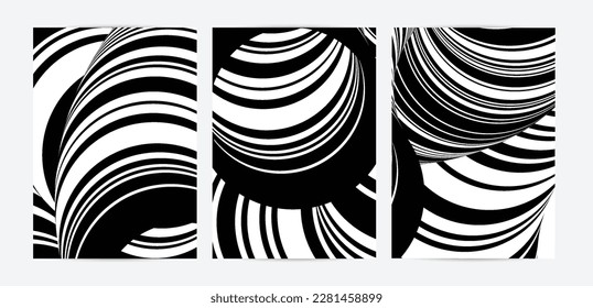 Black and white high contrast striped swirly flyer template. Abstract 3D computer modeled tube warping shape. Science geometry. Futuristic wave. 