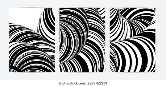 Black and white high contrast striped swirly flyer template. Abstract 3D computer modeled tube warping shape. Science geometry. Futuristic wave. 