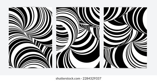 Black and white high contrast striped swirly flyer template. Abstract 3D computer modeled tube warping shape. Science geometry. Futuristic wave. 