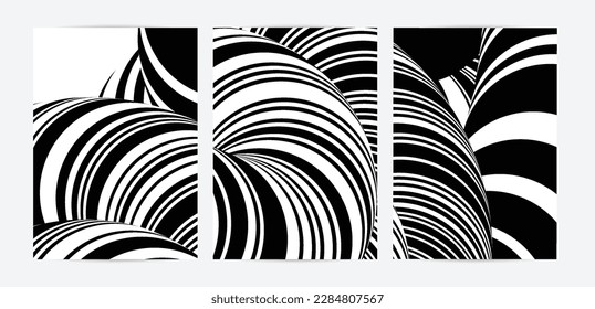 Black and white high contrast striped swirly flyer template. Abstract 3D computer modeled tube warping shape. Science geometry. Futuristic wave. 