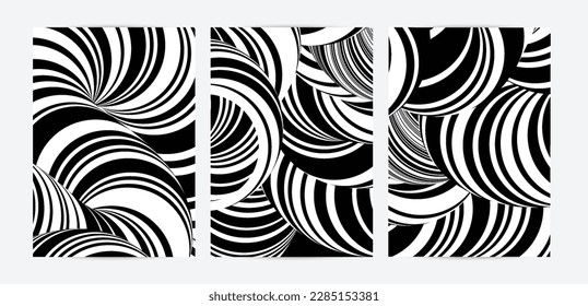 Black and white high contrast striped swirly flyer template. Abstract 3D computer modeled tube warping shape. Science geometry. Futuristic wave. 