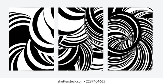 Black and white high contrast striped swirly flyer template. Abstract 3D computer modeled tube warping shape. Science geometry. Futuristic wave. 