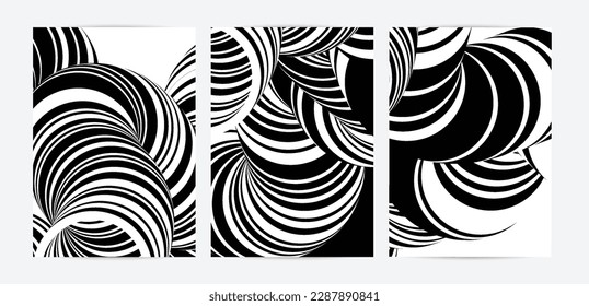 Black and white high contrast striped swirly flyer template. Abstract 3D computer modeled tube warping shape. Science geometry. Futuristic wave. 