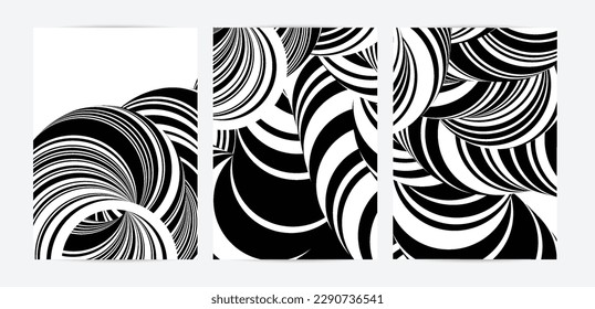 Black and white high contrast striped swirly flyer template. Abstract 3D computer modeled tube warping shape. Science geometry. Futuristic wave. 