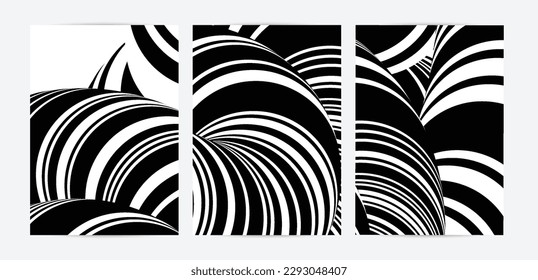 Black and white high contrast striped swirly flyer template. Abstract 3D computer modeled tube warping shape. Science geometry. Futuristic wave. 