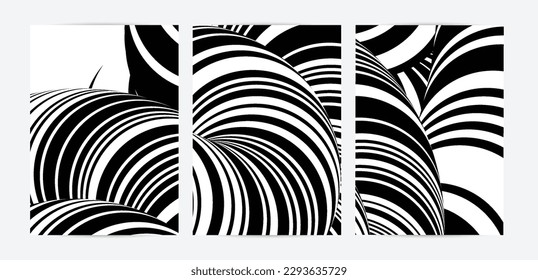 Black and white high contrast striped swirly flyer template. Abstract 3D computer modeled tube warping shape. Science geometry. Futuristic wave. 