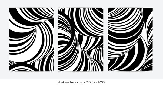 Black and white high contrast striped swirly flyer template. Abstract 3D computer modeled tube warping shape. Science geometry. Futuristic wave. 