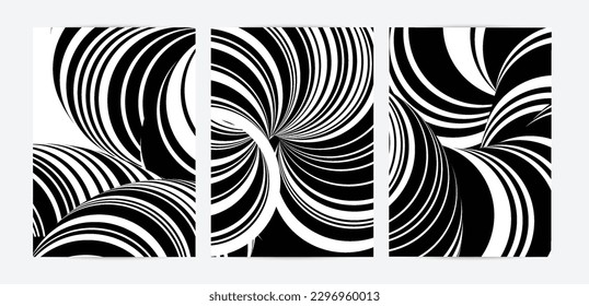 Black and white high contrast striped swirly flyer template. Abstract 3D computer modeled tube warping shape. Science geometry. Futuristic wave. 