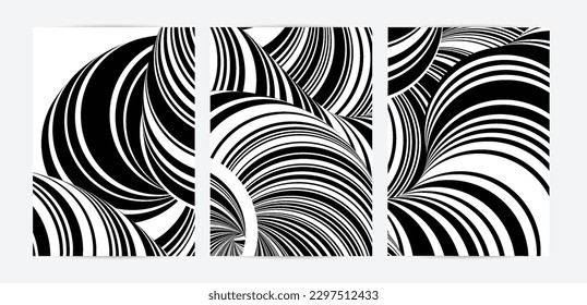 Black and white high contrast striped swirly flyer template. Abstract 3D computer modeled tube warping shape. Science geometry. Futuristic wave. 