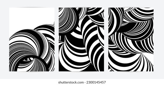 Black and white high contrast striped swirly flyer template. Abstract 3D computer modeled tube warping shape. Science geometry. Futuristic wave. 