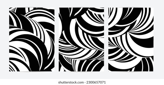 Black and white high contrast striped swirly flyer template. Abstract 3D computer modeled tube warping shape. Science geometry. Futuristic wave. 