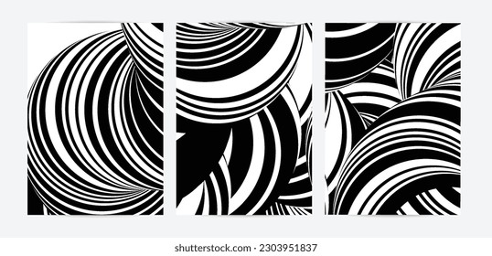 Black and white high contrast striped swirly flyer template. Abstract 3D computer modeled tube warping shape. Science geometry. Futuristic wave. 