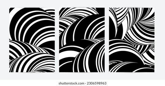 Black and white high contrast striped swirly flyer template. Abstract 3D computer modeled tube warping shape. Science geometry. Futuristic wave. 