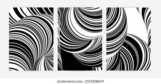 Black and white high contrast striped swirly flyer template. Abstract 3D computer modeled tube warping shape. Science geometry. Futuristic wave. 