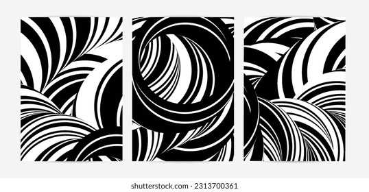 Black and white high contrast striped swirly flyer template. Abstract 3D computer modeled tube warping shape. Science geometry. Futuristic wave. 