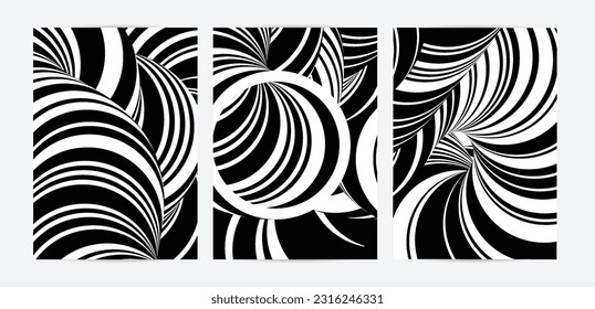 Black and white high contrast striped swirly flyer template. Abstract 3D computer modeled tube warping shape. Science geometry. Futuristic wave. 