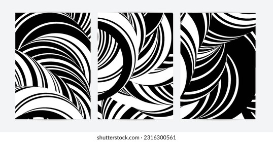 Black and white high contrast striped swirly flyer template. Abstract 3D computer modeled tube warping shape. Science geometry. Futuristic wave. 