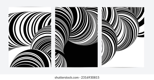 Black and white high contrast striped swirly flyer template. Abstract 3D computer modeled tube warping shape. Science geometry. Futuristic wave. 