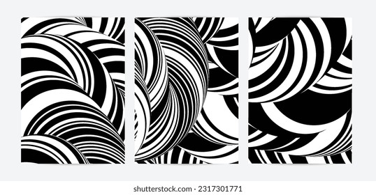 Black and white high contrast striped swirly flyer template. Abstract 3D computer modeled tube warping shape. Science geometry. Futuristic wave. 