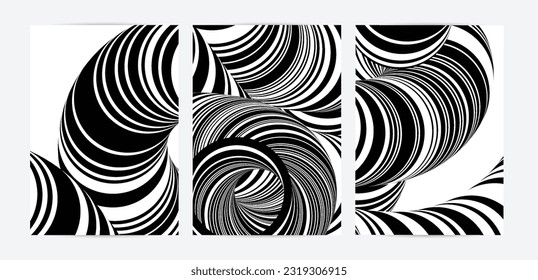 Black and white high contrast striped swirly flyer template. Abstract 3D computer modeled tube warping shape. Science geometry. Futuristic wave. 