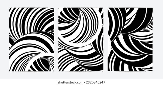 Black and white high contrast striped swirly flyer template. Abstract 3D computer modeled tube warping shape. Science geometry. Futuristic wave. 