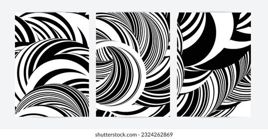 Black and white high contrast striped swirly flyer template. Abstract 3D computer modeled tube warping shape. Science geometry. Futuristic wave. 