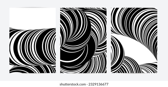 Black and white high contrast striped swirly flyer template. Abstract 3D computer modeled tube warping shape. Science geometry. Futuristic wave. 