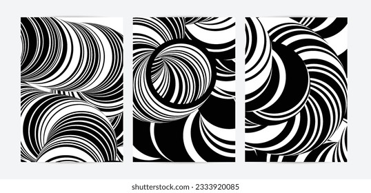 Black and white high contrast striped swirly flyer template. Abstract 3D computer modeled tube warping shape. Science geometry. Futuristic wave. 