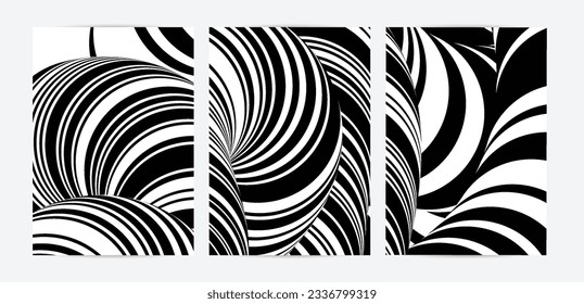 Black and white high contrast striped swirly flyer template. Abstract 3D computer modeled tube warping shape. Science geometry. Futuristic wave. 