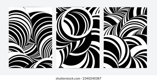 Black and white high contrast striped swirly flyer template. Abstract 3D computer modeled tube warping shape. Science geometry. Futuristic wave. 