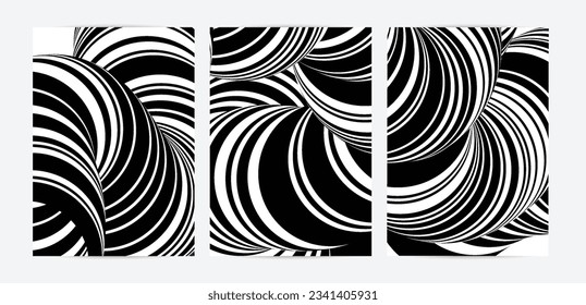 Black and white high contrast striped swirly flyer template. Abstract 3D computer modeled tube warping shape. Science geometry. Futuristic wave. 