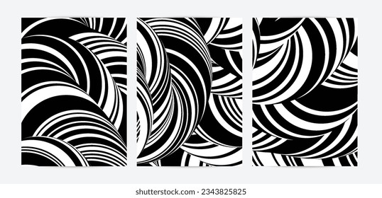 Black and white high contrast striped swirly flyer template. Abstract 3D computer modeled tube warping shape. Science geometry. Futuristic wave. 