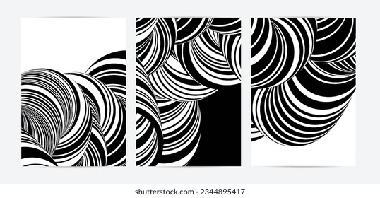 Black and white high contrast striped swirly flyer template. Abstract 3D computer modeled tube warping shape. Science geometry. Futuristic wave. 