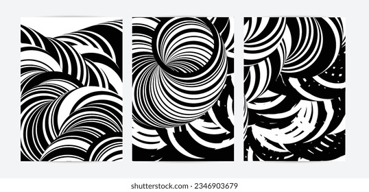 Black and white high contrast striped swirly flyer template. Abstract 3D computer modeled tube warping shape. Science geometry. Futuristic wave. 