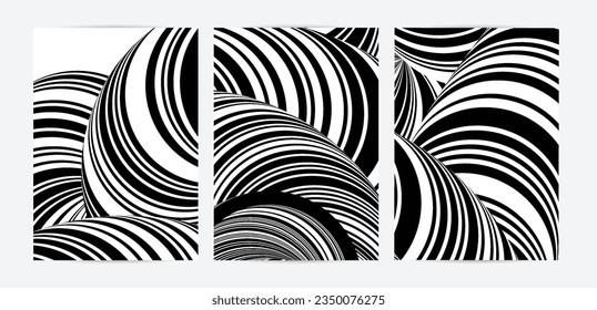 Black and white high contrast striped swirly flyer template. Abstract 3D computer modeled tube warping shape. Science geometry. Futuristic wave. 