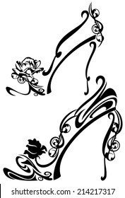 black and white high heel shoes with rose flowers - decorative vector design