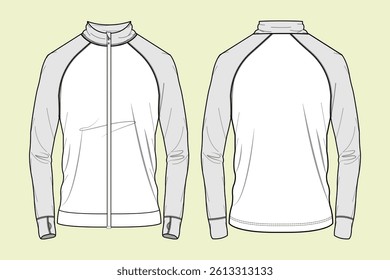 Black and white high neck full zip through raglan sleeve activewear jacket outline drawing CAD mockup template.