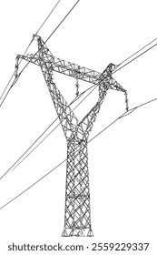 Black white high tension pole silhouette. Isolated graphics of electric power lines and post.