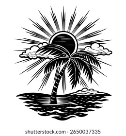 A black and white, high-contrast, vector image features a palm tree, sunburst, stylized clouds, and ocean waves, evoking a tropical island vibe. With transparent background.