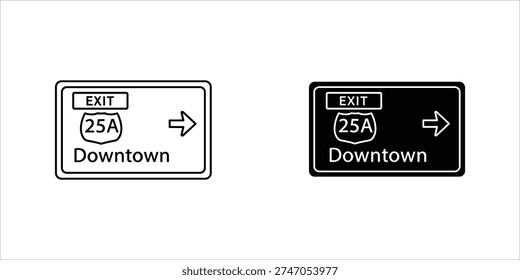 Black and white highway exit signs for downtown with 25 A route marker