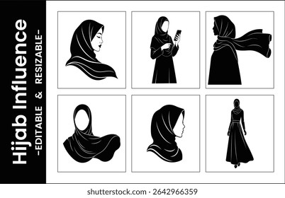 Conjunto de Ilustraciones vectoriales de hijab blanco y negro para mujeres musulmanas modernas Poses y estilos diversos