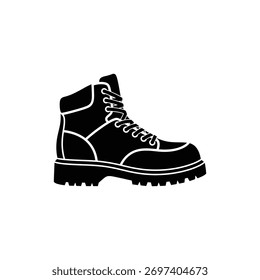 Black and white hiking boot icon in solid silhouette style