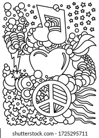 Black and white hippy psyhedelic coloring sheet with flowers, circles, note, heart and pacific. Design concept for poster, t-shirt print