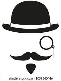 Black and white hipster avatar silhouette elements set. Bowler hat, monocle mustache and beard. Fashion vector illustration for gift card certificate sticker, badge, sign, stamp, logo, label, icon, p