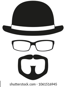 Black and white hipster avatar silhouette set. Bowler hat, glasses, goatee moustache and beard. Fashion vector illustration for certificate sticker, stamp, logo, label, icon, poster, patch, banner