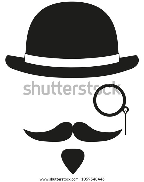 Black and white hipster avatar silhouette elements set.\
Bowler hat, monocle mustache and beard. Fashion vector illustration\
for gift card certificate sticker, badge, sign, stamp, logo, label,\
icon, p
