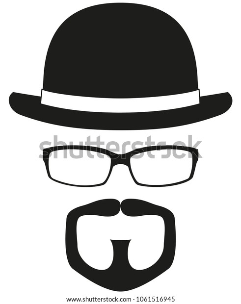 Black and white hipster avatar silhouette set.\
Bowler hat, glasses, goatee moustache and beard. Fashion vector\
illustration for certificate sticker, stamp, logo, label, icon,\
poster, patch, banner