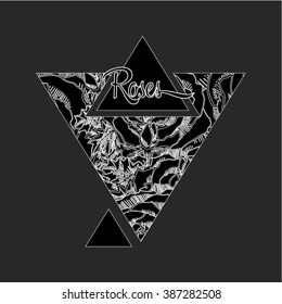 Black white hipster modern infographic in triangle composition with realistic freehand floral roses pattern. Line ink style for design and t-shirt prints with place for text