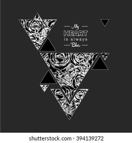 Black white hipster modern infographic in triangle composition with realistic freehand floral roses pattern. Line ink style for design and t-shirt prints with place for text